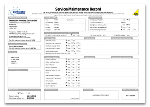 Gas Safety record sample sheet