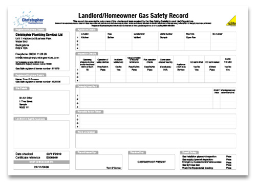 Landlord Gas Safety record sheet example